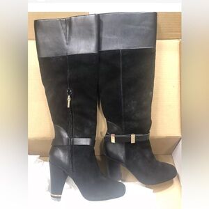 Hal Rubenstein Black Real Leather & Suede Dress Boots Gold Trim 8 NEW